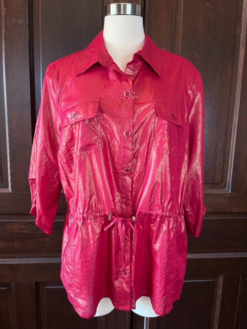 Chico's Red Shimmer Shirt Jacket NWOT 3/4 Sleeves Cinch Waist Size Chico's 3/XL